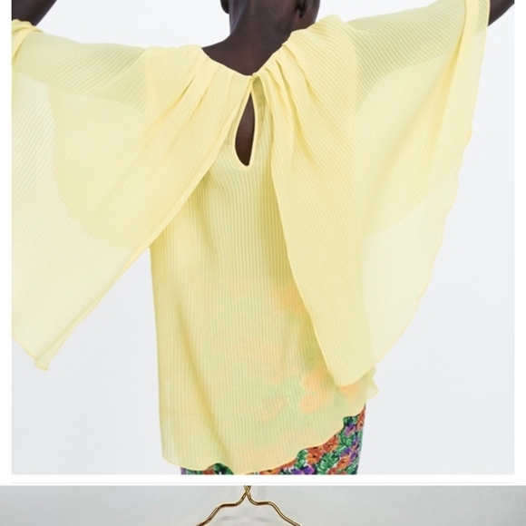 Zara Butter Yellow Accordian Pleated Cape Lightweigh Blouse, Semi Sheer, Size L - Picture 13 of 14